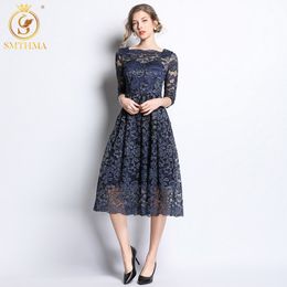 Arrival Spring Fashion Hollow Out Lace Dress Vintage Elegant Slim High Waist Long Dresses Vestidos 210520