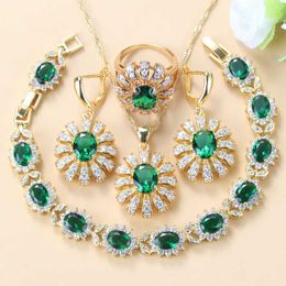 Africa Bridal Costume Yellow Gold Colour Big Jewellery Sets For Women Green Zircon Dangle Earrings/Necklace/Bracelet And Ring Sets H1022