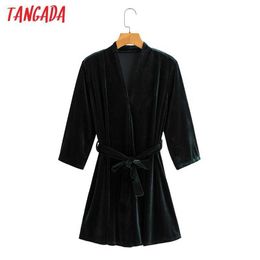 Tangada Fashion Women Solid Velvet Kimono Dress with Slash Long Sleeve Ladies Mini Dress Vestidos SY50 210609