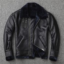 Mens Autumn Winter Jacket Sheepskin Leather Coats Real Wool Fur Overcoats Warm Outerwear Windbreakers Motorcycle Biker Tops EU Size M-XXL Blue Black