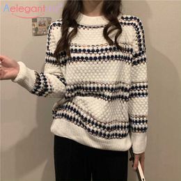 Aelegantmis Loose Knitted Sweater Women 5 Colours Vintage Soft Cosy Thick Pullover Casual Korean Striped Jumpers Fashion Female 210607