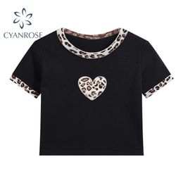 Leopard Short Sleeve Crop T Shirt Women Sexy Sweet Retro Y2K Party Club E Girl Skinny Tees Summer Slim Bodycon Black Tops 210515