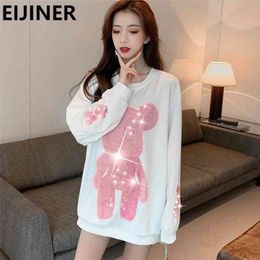 Cartoon Bear White Hoodie Women Spring Fashion Loose Plus Size Harajuku Korean Kawaii Crewneck Long Pink Top 210813