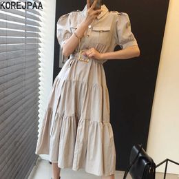 Korejpaa Women Dress Summer Korean Chic Female Retro Temperament Lapel Single-Breasted Puff Sleeve Work Style Vestidos 210526