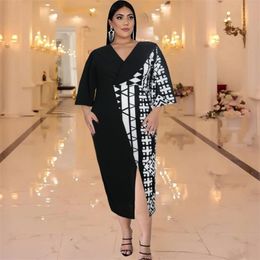 Plus Size Patchwork Dresses Office Lady Gothic V Neck Half Sleeve Split Midi 4XL 5XL Printed Casual Vintage Clothing Women 210527