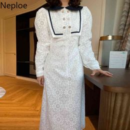 Neploe Korean Vintage Maxi Dress Peter Pan Collar Double-breasted Heavy Lace Vestidos Pattern Slim Elegant Dresses for Women 210422