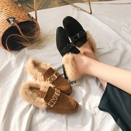 Mulher Chinelos Sandálias de Verão Fox Fur Slides Mulas Preto Sapatos para Mulheres Loafer 2018 Home Calçados Primavera Outdoor Block Bloqueio 0227