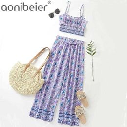 Fashion Printed Summer Casual Holiday Beach 2 Piece Sets Shirred Cropped Camisole and Wide Leg Pant Outfits 210604