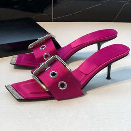 Shiny crystal decor high heels slippers women silk stain metal buckle sandals summer lazy mullers sexy party shoes stilettos