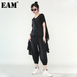 [EAM] Spring Autumn Round Neck Short Sleeve T-shirt Black Loose Wide Leg Pants Two Piece Suit Women Fashion JY3390 21512