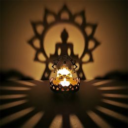 -Candlestick Buddha Mantequilla Lámpara de aceite Lotus Lotus Feature Metal Hollow Tallado Luz y sombra Art 211101
