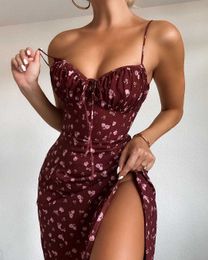 Spaghetti Strap Sexy Summer Dress High Split Lace Up Floral Print Women Dresses Midi Sleeveless Backless Club Party Beach Robe 210625