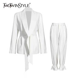 TWOTWINSTYLE Solid Colour Korean Two Piece Set Women Blazer High Waist Belt Lace-up Straight Pants Suits Female Fashion 210709