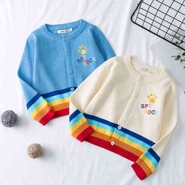 Children's knitted Sweater Jacket Kids Boys Knitted Cardigan Rainbow Striped Embroidery Coat Autumn Infant Girls Boy Clothing 210429