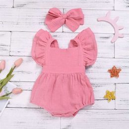 Cotton Baby Girl Clothes Summer Double Gauze Kids Ruffle Romper Jumpsuit Headband Pink Playsuit For born 211101