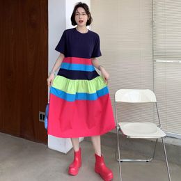 Women Vacation Plus Size Contrast Colour Block Rainbow Striped T-shirt Dress O-neck Loose Fashion Summer 16F1370 210510