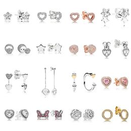 NEW 2021 100% 925 Sterling Silver Star Love Bow Ear Studs Fit DIY Original Bracelet Fshion Jewellery Gift