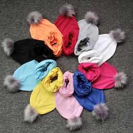 baby hat plain Colour Bib imitation fox wool ball cover head children hats Cotton ins newborn Foetal cap 9263