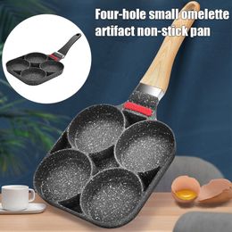 Newly 4 Hole Fried Egg Burger Pan Fried Egg Pan Wooden Handle Pancake Frying Pan Egg Cooker Gas Stove And Induction Cooker 210319