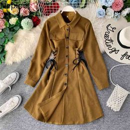 Autumn Winter Temperament Casual Turn Down Collar Dress Slim Waist Lace Up A Line Vestido Solid Button Party Ropa 46830 210422