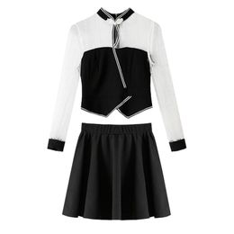 Women Black Mesh Patchwork Zipper Shirt Empire Mini A-line Skirt Elegant Two Pieces Set T0315 210514