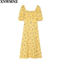 Women Chic Yellow Floral Print Midi Dress woman Retro Side Split Vestidos Square Collar Girl Summer es robe 210520