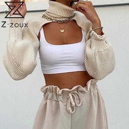 Frauen Pullover Laterne Ärmel Rollkragen Pullover Unregelmäßige Sexy Weiß Stricken Tops 210524