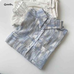 Qooth Shirt All-Match Korean Style Spring Single Breasted Loose Long-Sleeved Casual Contrast Colour Mid-Length Tops QT520 210518