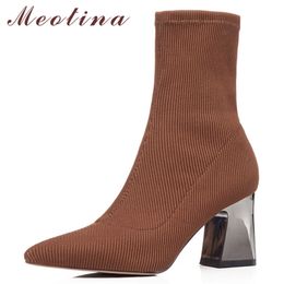 Autumn Ankle Boots Women Knitting Thick High Heel Sock Slim Stretch Pointed Toe Short Shoes Lady Spring Size 33-42 210517