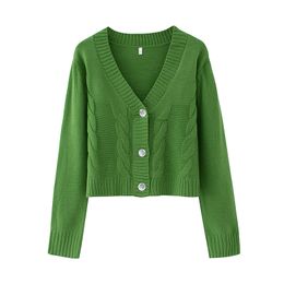 Women's Crop Cardigan Sweaters Female Green Button Short V Neck Long Sleeve Women Solid Knitted 210430