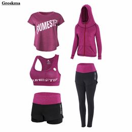 Plus size women sports 5PCS set quick dry yoga high waist pants+shorts+t shirt+bra+coats fitness gym clothing outdoor sets 4XL 210802