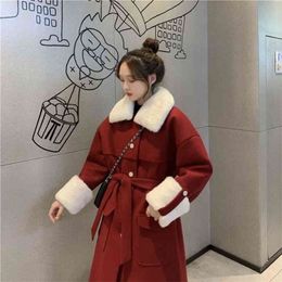Wonder Winter Woolen Coat Korean Lapel Jacket Loose Retro Thick Mid-length Gentle Red Outwears 210510