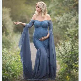 Fashion Maternity Dress for Po Shoot Maxi Gown Long Sleeves Lace Stitching Fancy Women Pography Props 210922