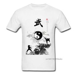 Yin Yang Kung Fu Chinese Traditional Water Ink Painting Men White T-shirt Short Sleeve Cotton T Shirt Unique Design 210629
