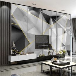 3d wallpaper Modern simple three-dimensional geometric gold line gray and white marble TV background wall