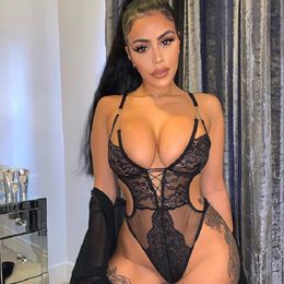 Women's Black Floral Lace Mesh Transparent Sexy Bodysuit Hollow Out Spaghetti Strap Female Push Up Backless Clubwear Bodysuits Jumpsuits & R