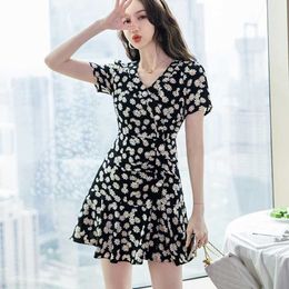 Women Summer Dress Button Short Sleeve Chrysanthemum Printed Dresses Clothing 210529