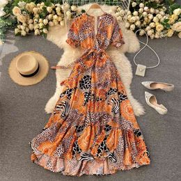 Women Fashion Retro Print V-neck Lace Up Waist Slim Ruffle A-line Dress Spring Summer Short Sleeve Elegant Vestidos R029 210527