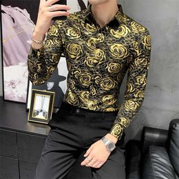 Luxury Gold Flower Print Shirts Men Long Sleeve Slim Shirt Korean Men Clothing Night Club Social Party Blouse Streetwear 210527