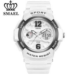 SMAEL White PU Watchband Women Dual Display Wristwatche's Quartz Watch Lady Fashion Watches 30M Waterproof Relojes Mujer 210616