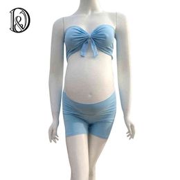 A Set Handcraft Stretch Cotton Maternity Shorts with Boob Tube Free Size Pregnant Suit for Women Photography Accessories G220309