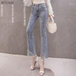 Women's Jeans Pearl Beading Flare Woman Fashion Tassel Pocket Elastic Slim Denim Pants 2021 Women Female Casual Plus Size Trousers1