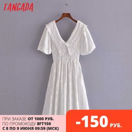Tangada Women White Cotton Embroidery Romantic Dress Puff Short Sleeve Backless Females Midi Dresses Vestidos 3H271 210609