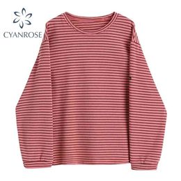 Basic BF Striped T Shirt Women Spring Regular Long Sleeve Jumper Tees Female O Neck Fashion Korean Harajuku Street Ins Tops 210515