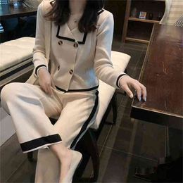 Autumn 2 Piece Set Women Double Breasted Sweater Turn down collar Long Sleeve Cardigan+Wide Leg Full Length Pants Knit 210519