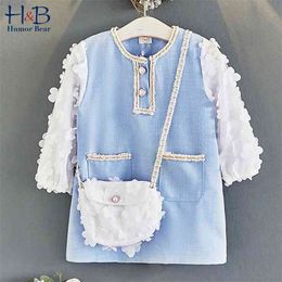 Girls Fashion Flower Dress Autumn Western Kids Clothing Little Girl Net Long Sleeve Princess No Bag 210611