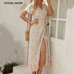 Bohemian Location Flower Print Short Sleeve Wrap Dress Woman Cross V neck Tie bow Sashes Long Summer Holiday Vestidos 210429