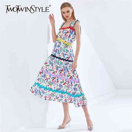 Bohemian Print Sling Dress For Women Square Collar Sleeveless High Waist Hit Color Dresses Female Fashion Summer 210520