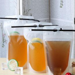 3 Size Plastic Drink Packaging Bag Pouch for Beverage Juice Milk Coffee with Handle and Holes for Straw