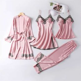 JULY'S SONG 4 Pieces Women Pyjamas Sets Faux Silk Pyjamas Sleepwear Sets Elegant Sexy Lace Fashion Spring Autumn Homewear 210928